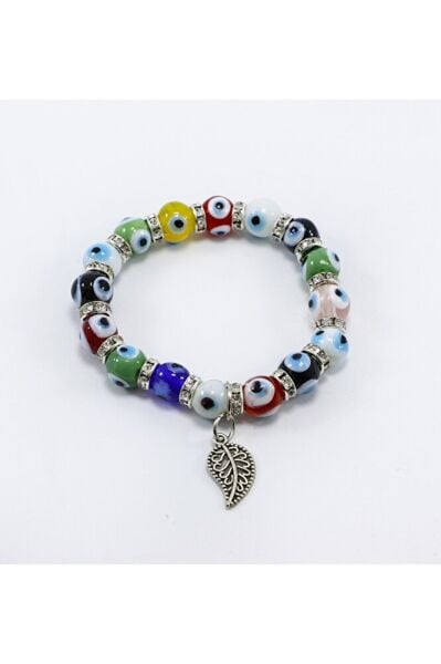 El Yapımı Cam Nazar Boncuklu Metal Yapraklı Bileklik, Hediyelik Nazar Boncuklu Bileklik