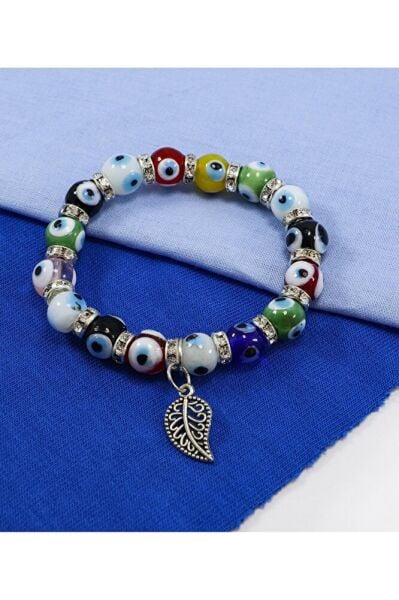 El Yapımı Cam Nazar Boncuklu Metal Yapraklı Bileklik, Hediyelik Nazar Boncuklu Bileklik