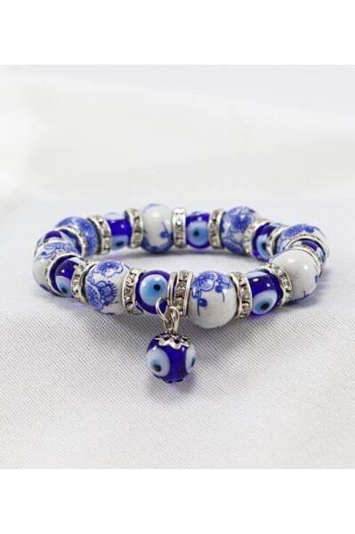 El Yapımı Cam Nazar Boncuklu Seramik Çini Desenli Bileklik, Hediyelik Nazar Boncuklu Bileklik