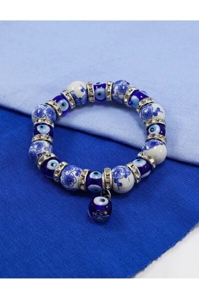 El Yapımı Cam Nazar Boncuklu Seramik Çini Desenli Bileklik, Hediyelik Nazar Boncuklu Bileklik