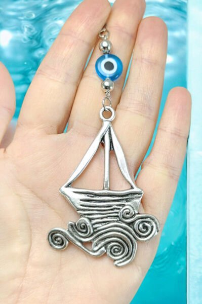 Metal Yelkenli Araba Dikiz Ayna Süsü, El Yapımı Cam Turkuaz Nazar Boncuğu Yeni Araba Hediyesi