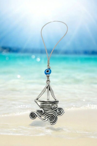 Metal Yelkenli Araba Dikiz Ayna Süsü, El Yapımı Cam Turkuaz Nazar Boncuğu Yeni Araba Hediyesi