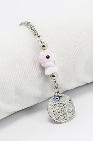 El Yapımı Pembe Cam Balıklı Metal Ayetel Kürsi Araba Dikiz Ayna Süsü, Yeni Araba Hediyesi