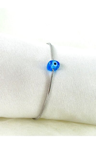 Turkuaz Cam Nazar Boncuklu Çelik Bileklik El Yapımı Hediyelik Aksesuar