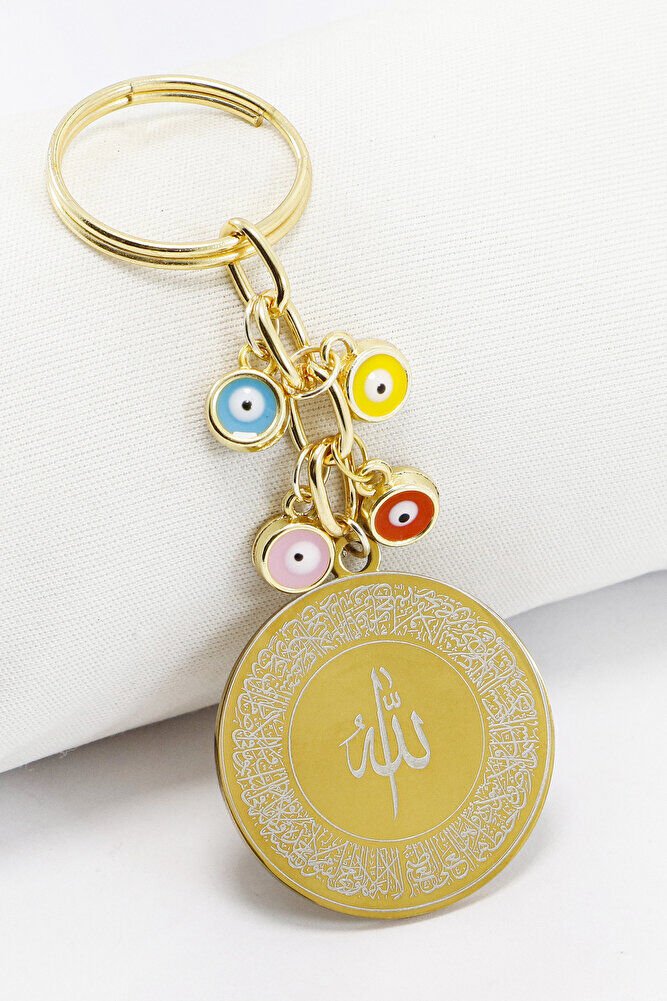 Çelik Çift Taraflı Ayetel Kürsi Nazar Ayeti Anahtarlık, Renkli Nazar Boncuklu Çanta Süsü