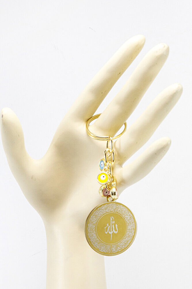 Çelik Çift Taraflı Ayetel Kürsi Nazar Ayeti Anahtarlık, Renkli Nazar Boncuklu Çanta Süsü