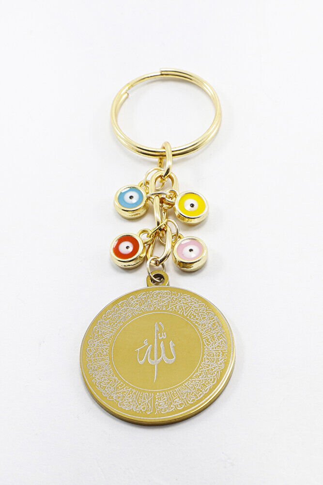 Çelik Çift Taraflı Ayetel Kürsi Nazar Ayeti Anahtarlık, Renkli Nazar Boncuklu Çanta Süsü