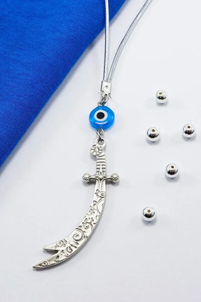 Metal Zülfikar Kılıç Araba Dikiz Ayna Süsü, El Yapımı Cam Turkuaz Nazar Boncuğu Yeni Araba Hediyesi