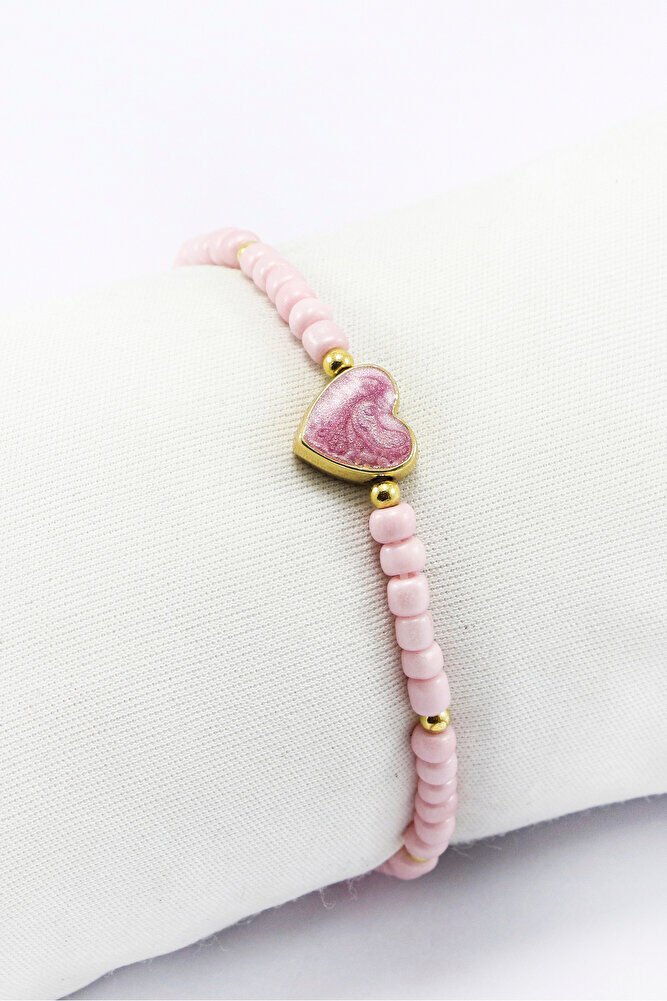 Pembe Boncuklu Mineli Metal Kalpli Gold Renkli Elastik Bileklik, Hediyelik Bileklik