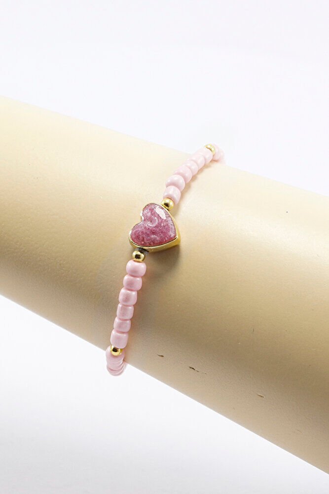 Pembe Boncuklu Mineli Metal Kalpli Gold Renkli Elastik Bileklik, Hediyelik Bileklik