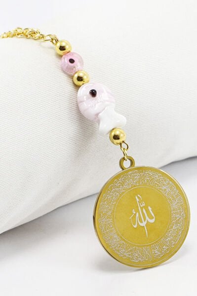 El Yapımı Pembe Cam Balıklı Allah Lafzı Ayetel Kürsi Felak Nas İhlas Dikiz Ayna Süsü (3,5)