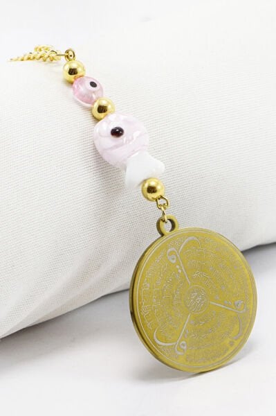 El Yapımı Pembe Cam Balıklı Allah Lafzı Ayetel Kürsi Felak Nas İhlas Dikiz Ayna Süsü (3,5)