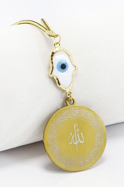 Beyaz Nazarlı Hamse Eli Gold Çelik Hat Ayetel Kürsi Felak Nas İhlas Dikiz Ayna Süsü (3,5)