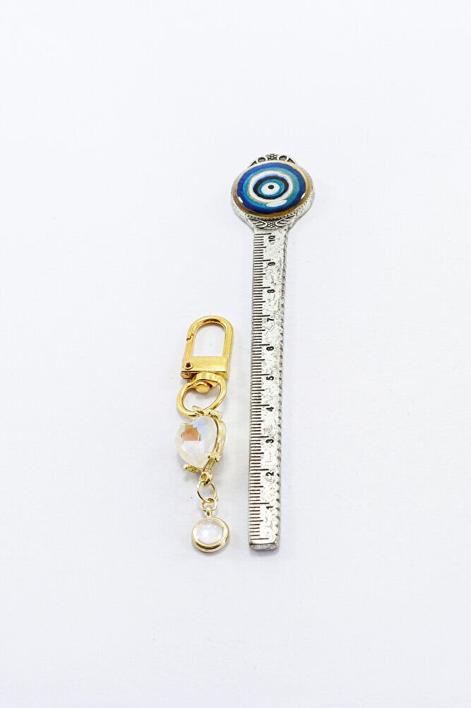 Parlak Taşlı Metal Kalp Görünümlü Boncuklu Klipsli Gold Renkli Cüzdan Süsü Charm Çanta Süsü