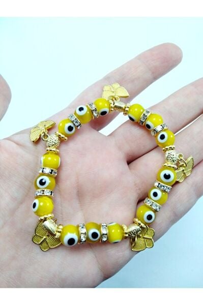 Sarı Cam Nazar Boncuğu Bileklik Metal Boncuk Detaylı Özel Tasarım El Yapımı Hediyelik Aksesuar