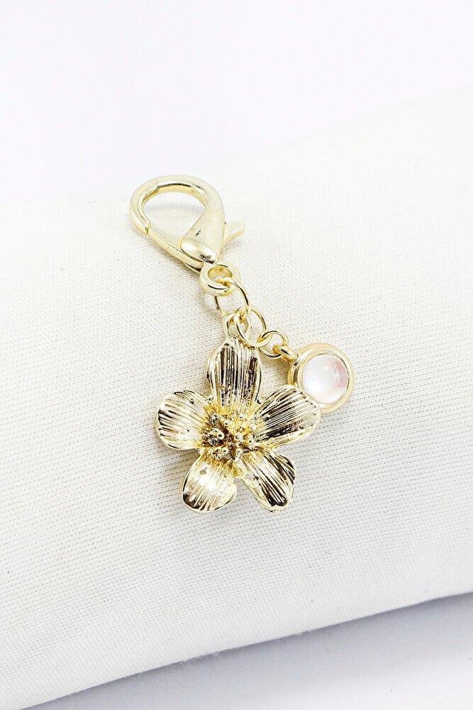 Metal Çiçek Sedefli Boncuk Klipsli Cüzdan Süsü Charm Gold Renkli Çanta Süsü Anahtarlık