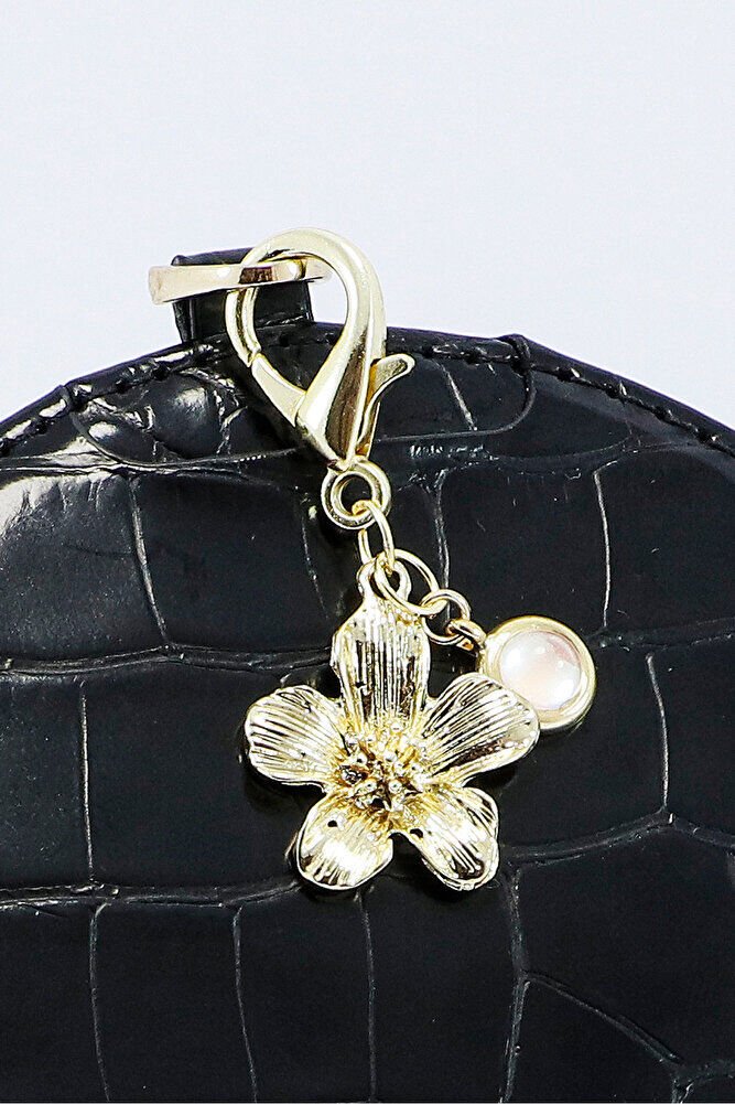 Metal Çiçek Sedefli Boncuk Klipsli Cüzdan Süsü Charm Gold Renkli Çanta Süsü Anahtarlık