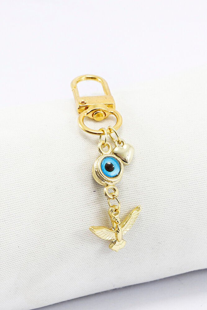 Metal Anka Kuşu Nazar Boncuklu Kalpli Klipsli Cüzdan Süsü Fermuar Charm Çanta Süsü Gold Renkli