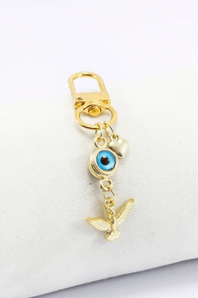Metal Anka Kuşu Nazar Boncuklu Kalpli Klipsli Cüzdan Süsü Fermuar Charm Çanta Süsü Gold Renkli