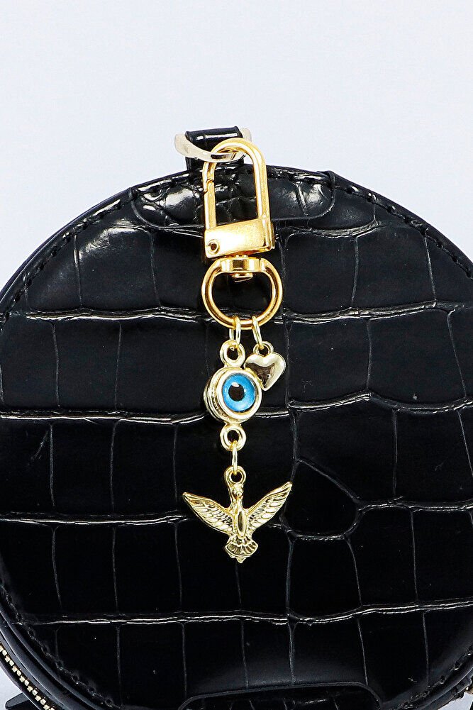 Metal Anka Kuşu Nazar Boncuklu Kalpli Klipsli Cüzdan Süsü Fermuar Charm Çanta Süsü Gold Renkli