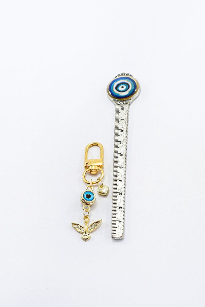 Metal Anka Kuşu Nazar Boncuklu Kalpli Klipsli Cüzdan Süsü Fermuar Charm Çanta Süsü Gold Renkli