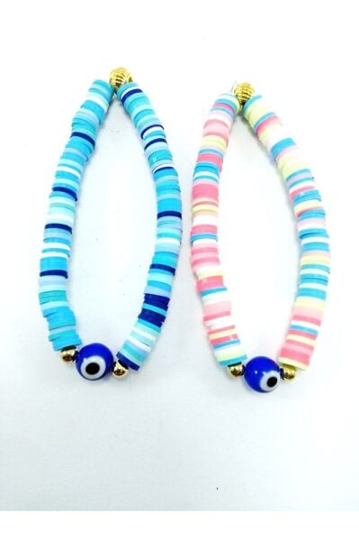 Renkli Nazar Boncuğu Bileklik Mavi Ve Pembe Ikili Hediyelik Set