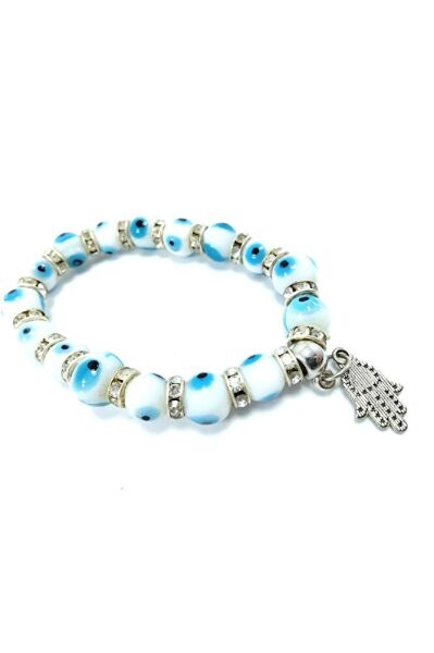 Cam Beyaz Nazar Boncuğu Bileklik Hamse Detaylı Özel Tasarım El Yapımı Hediyelik Aksesuar