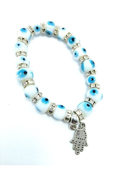 Cam Beyaz Nazar Boncuğu Bileklik Hamse Detaylı Özel Tasarım El Yapımı Hediyelik Aksesuar