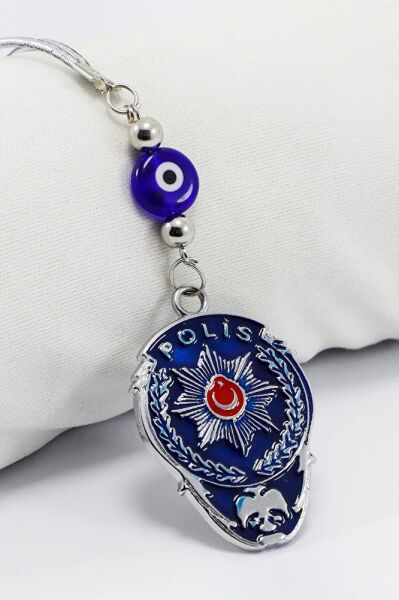 Handmade Flat Glass Evil Eye Beaded Navy Blue Police Badge Car Rearview Mirror Ornament, New Car Gift