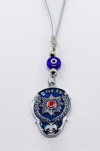 Handmade Flat Glass Evil Eye Beaded Navy Blue Police Badge Car Rearview Mirror Ornament, New Car Gift