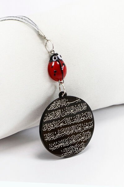 Cam Uğur Böcekli Siyah Çelik Çift Taraflı Ayetel Kürsi Fatiha Dualı Araba Dikiz Ayna Süsü