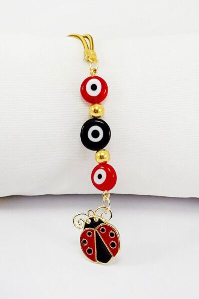 Handmade Flat Glass Evil Eye Beaded Ladybug Car Rearview Mirror Ornament, New Car Gift