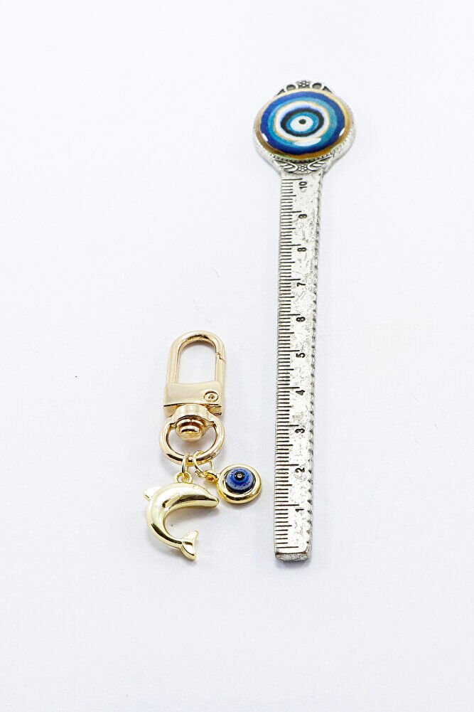 Üç Boyutlu Metal Yunus Nazar Boncuklu Klipsli Cüzdan Süsü Charm Gold Renkli Çanta Süsü Anahtarlık