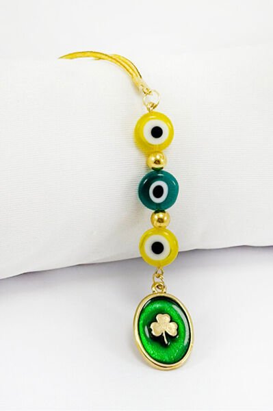 Colorful Flat Evil Eye Bead Green Enameled Clover Figured Car Rearview Mirror Ornament, New Car Gift