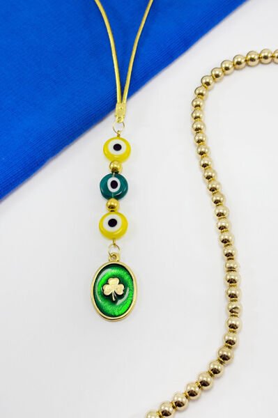 Colorful Flat Evil Eye Bead Green Enameled Clover Figured Car Rearview Mirror Ornament, New Car Gift