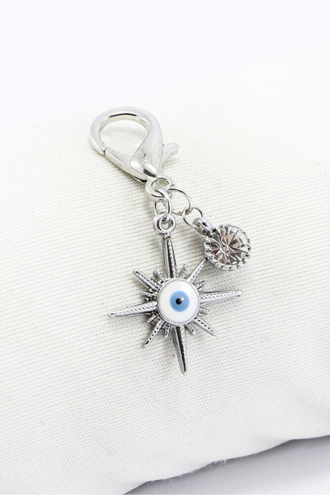 Tek Taşlı Nazar Boncuğu Güneş Metal Kalp, Gümüş Renkli Klipsli Cüzdan Süsü Charm Çanta Süsü