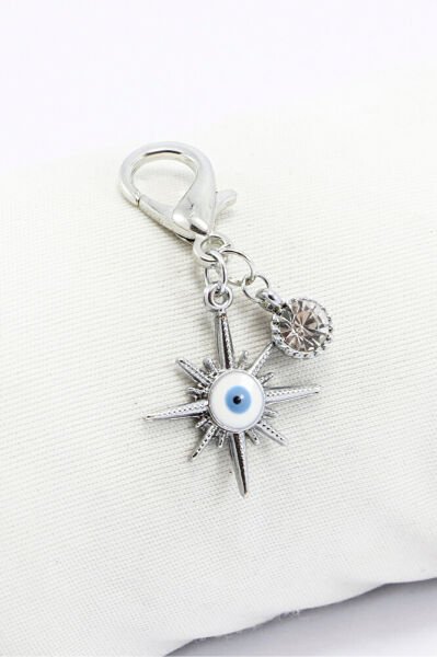 Tek Taşlı Nazar Boncuğu Güneş Metal Kalp, Gümüş Renkli Klipsli Cüzdan Süsü Charm Çanta Süsü