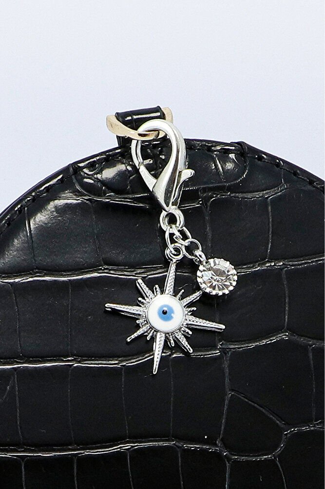Tek Taşlı Nazar Boncuğu Güneş Metal Kalp, Gümüş Renkli Klipsli Cüzdan Süsü Charm Çanta Süsü