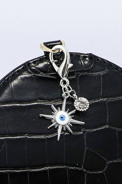 Tek Taşlı Nazar Boncuğu Güneş Metal Kalp, Gümüş Renkli Klipsli Cüzdan Süsü Charm Çanta Süsü