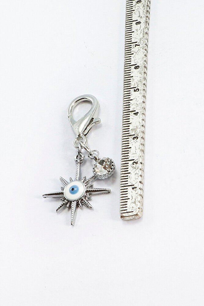 Tek Taşlı Nazar Boncuğu Güneş Metal Kalp, Gümüş Renkli Klipsli Cüzdan Süsü Charm Çanta Süsü