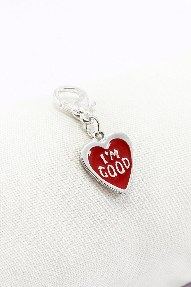 Kırmızı Mineli Gümüş Renkli Metal Kalp I'm Good Temalı Klipsli Cüzdan Fermuar Süsü Charm Çanta Süsü