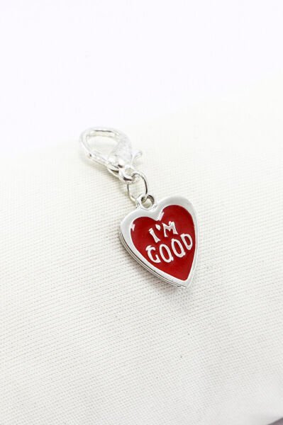 Kırmızı Mineli Gümüş Renkli Metal Kalp I'm Good Temalı Klipsli Cüzdan Fermuar Süsü Charm Çanta Süsü