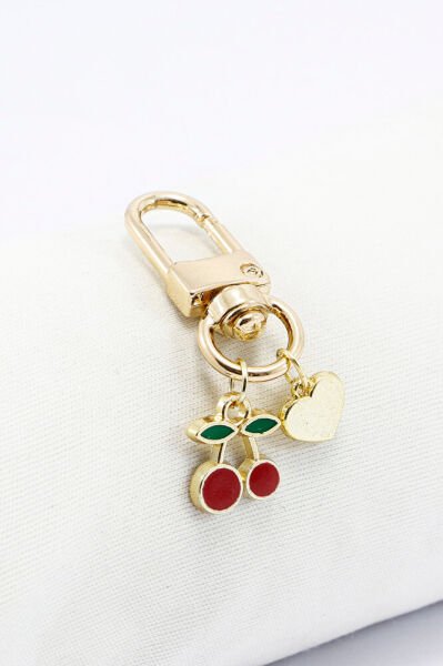 Kirazlı Metal Kalpli Klipsli Cüzdan Süsü Charm Çanta Süsü Anahtarlık