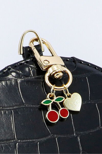 Kirazlı Metal Kalpli Klipsli Cüzdan Süsü Charm Çanta Süsü Anahtarlık