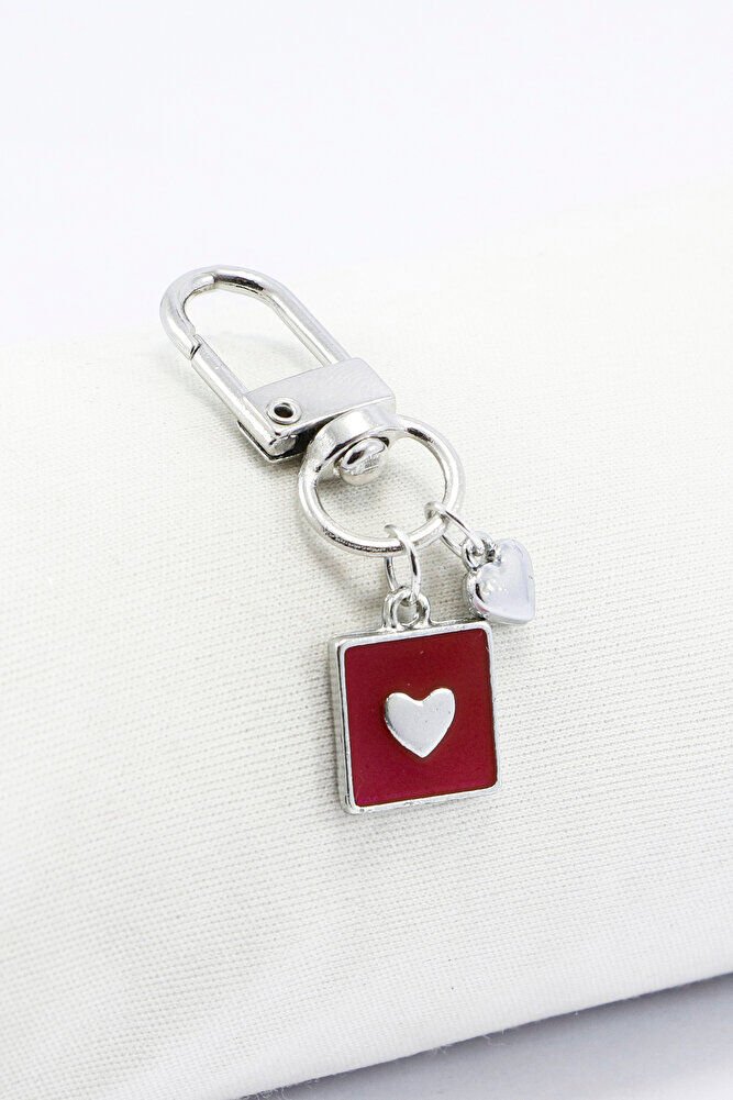 Kırmızı Mineli Gümüş Renkli Metal Kalp Klipsli Cüzdan Süsü Charm Çanta Süsü Anahtarlık