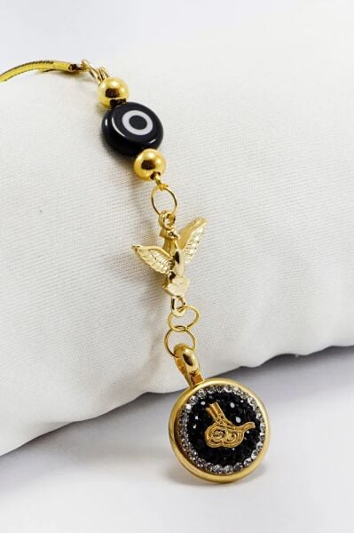 Siyah Cam Yassı Nazar Boncuklu Anka Kuşu Parlak Taşlı Osmanlı Tuğrası Figürlü Araba Dikiz Ayna Süsü