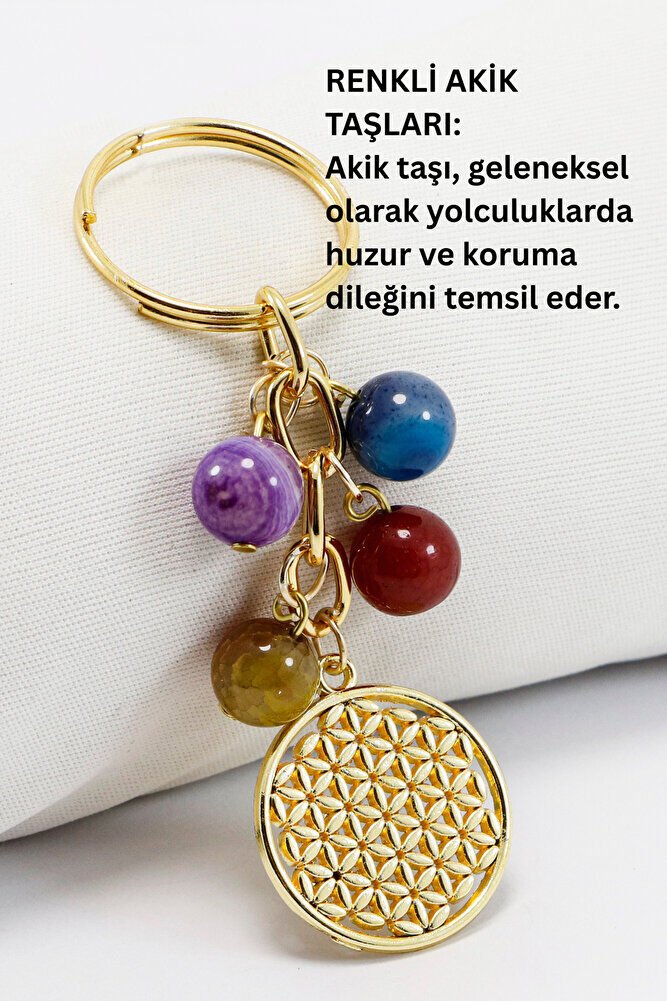 Doğal Taşlı Gold Renkli Metal Yaşam Çiçeği Anahtarlık, Renkli Akik Taşlı Araba Hediyesi