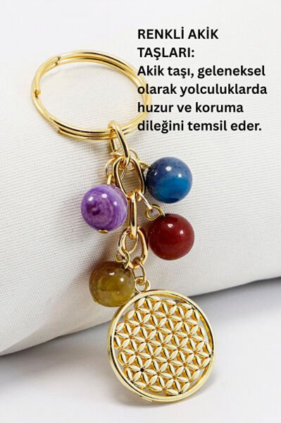 Doğal Taşlı Gold Renkli Metal Yaşam Çiçeği Anahtarlık, Renkli Akik Taşlı Araba Hediyesi