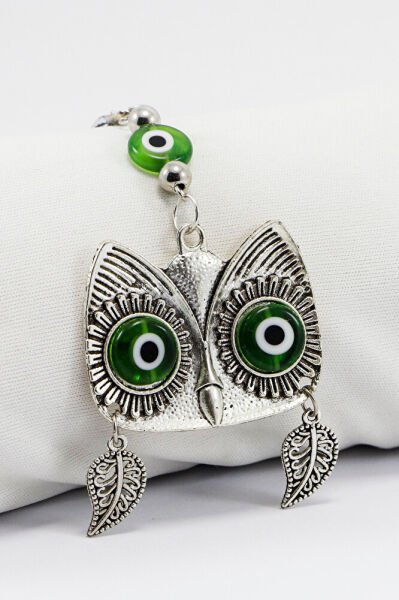 Green Handmade Glass Evil Eye Bead with Eyes and Wisteria Leaves and Owl Car Rearview Mirror Ornament