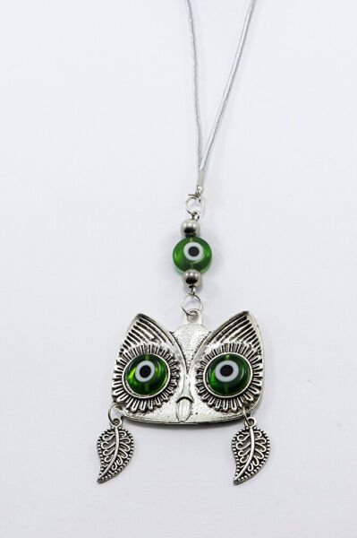 Green Handmade Glass Evil Eye Bead with Eyes and Wisteria Leaves and Owl Car Rearview Mirror Ornament